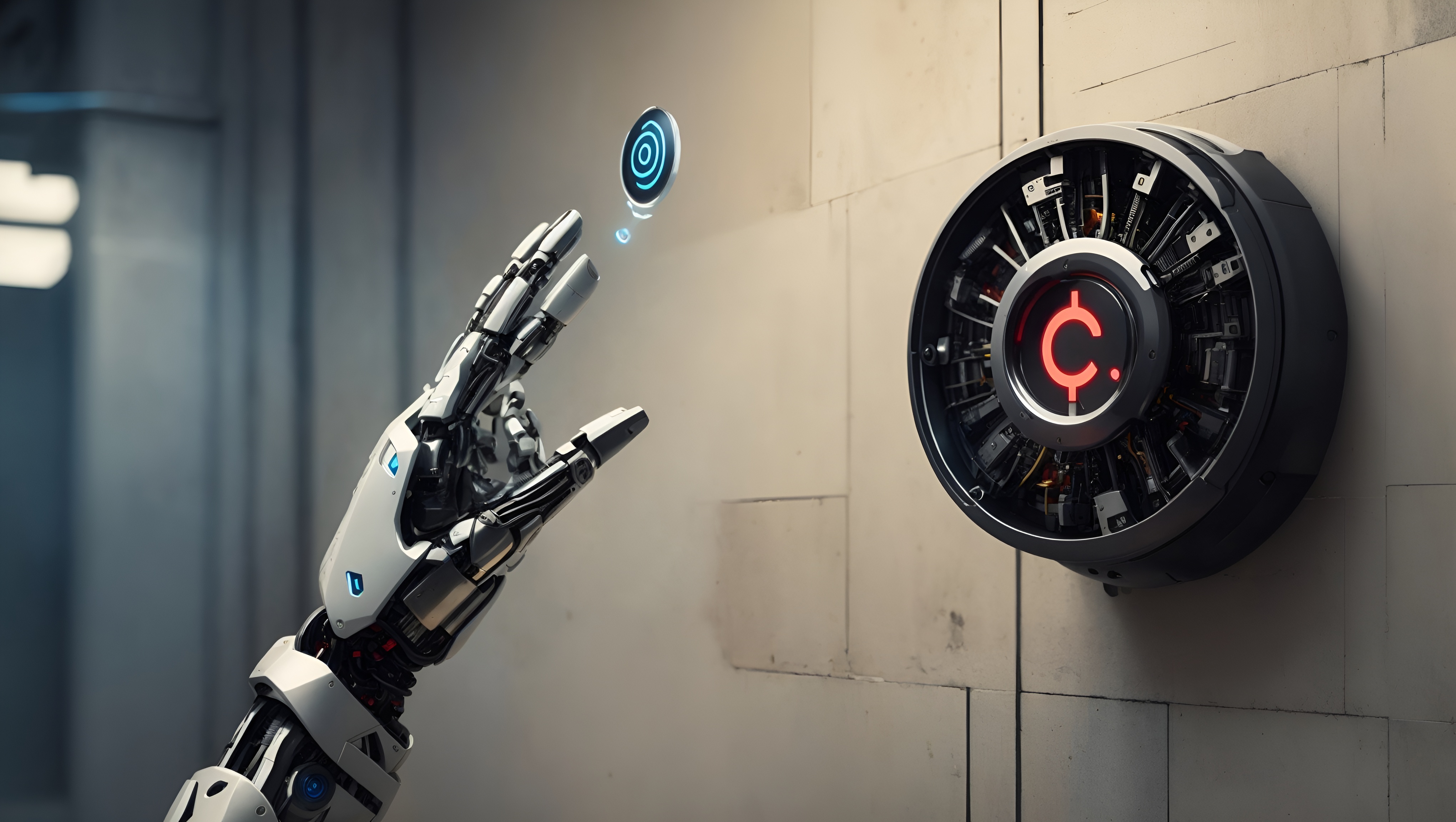 An intricately designed robotic hand, representing GPTBot, stretches out towards a towering wall adorned with copyright symbols of various media types: images, text, music, videos, etc. This image symbolizes the potential copyright challenges GPTBot may face during data collection.