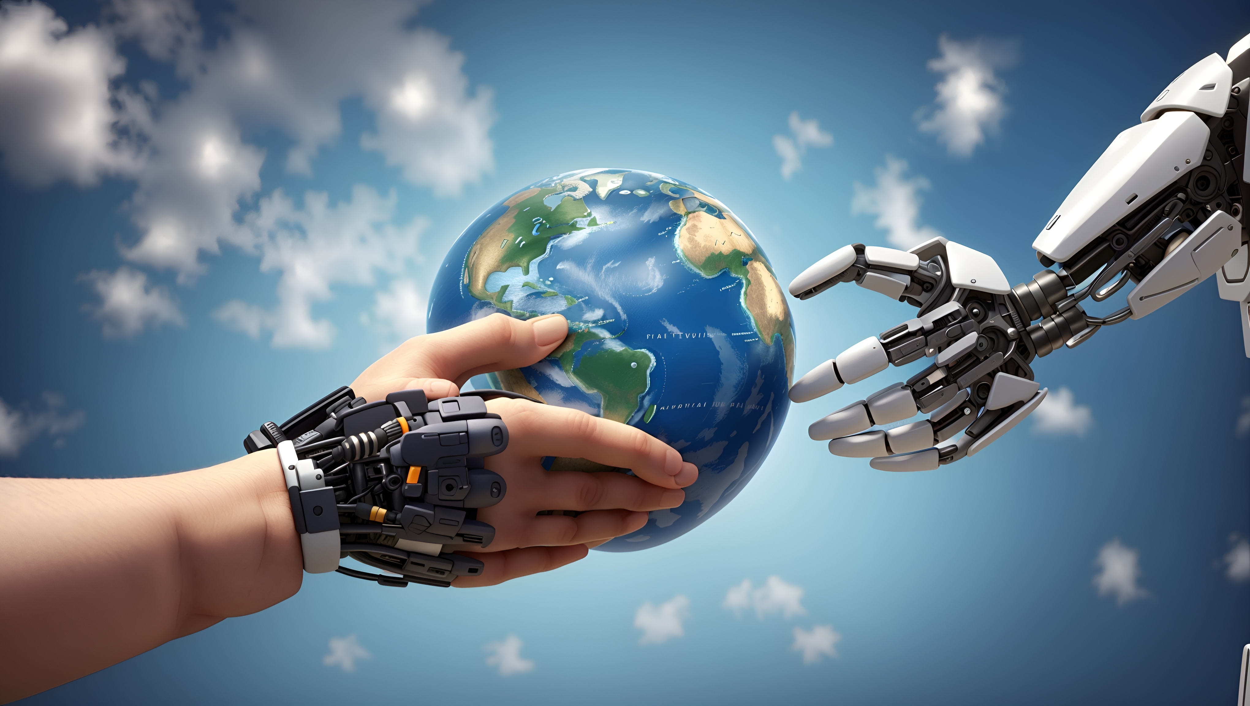 A human hand and a robotic hand meet in a friendly handshake gesture, hovering over a globe that rests between them. This image symbolizes the collaborative partnership between humans and AI, highlighting responsible data collection and cooperation for the greater good.