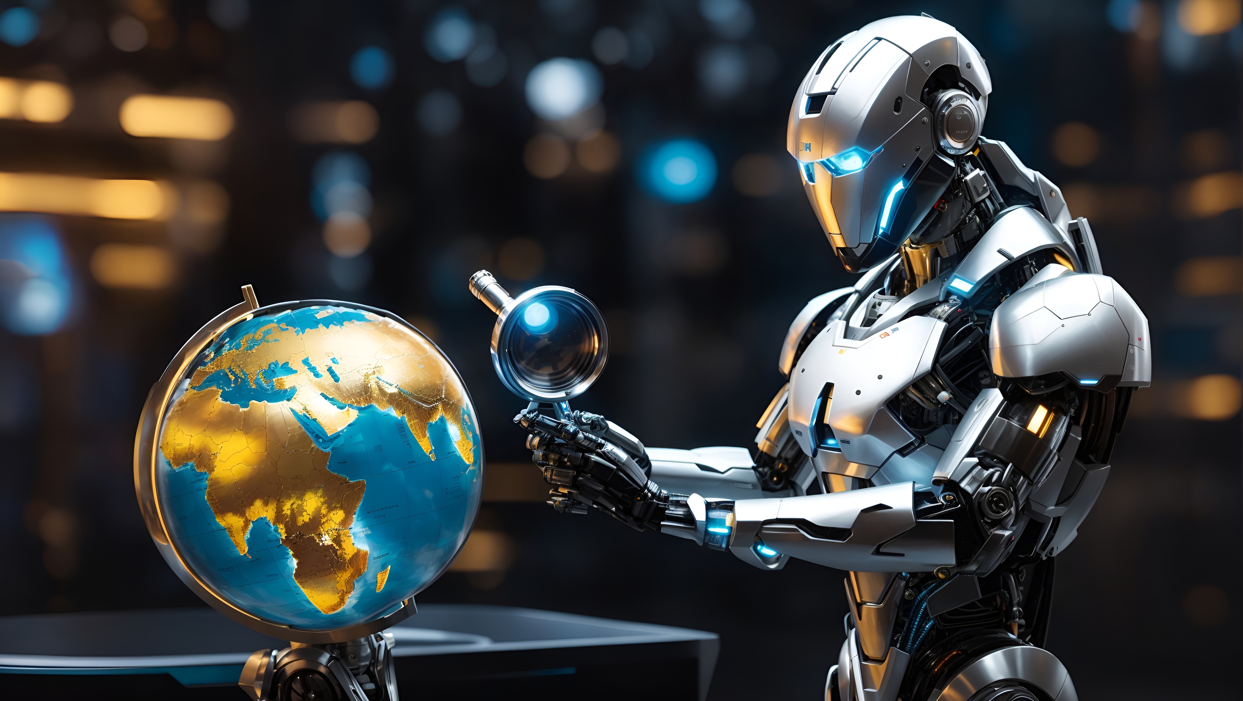 A humanoid robot with sleek metallic features stands in a confident posture. In one hand, it holds a magnifying glass, symbolizing the process of web crawling and data collection. In the other hand, it delicately hovers over a lit-up globe, signifying the global reach of the internet and data acquisition.
