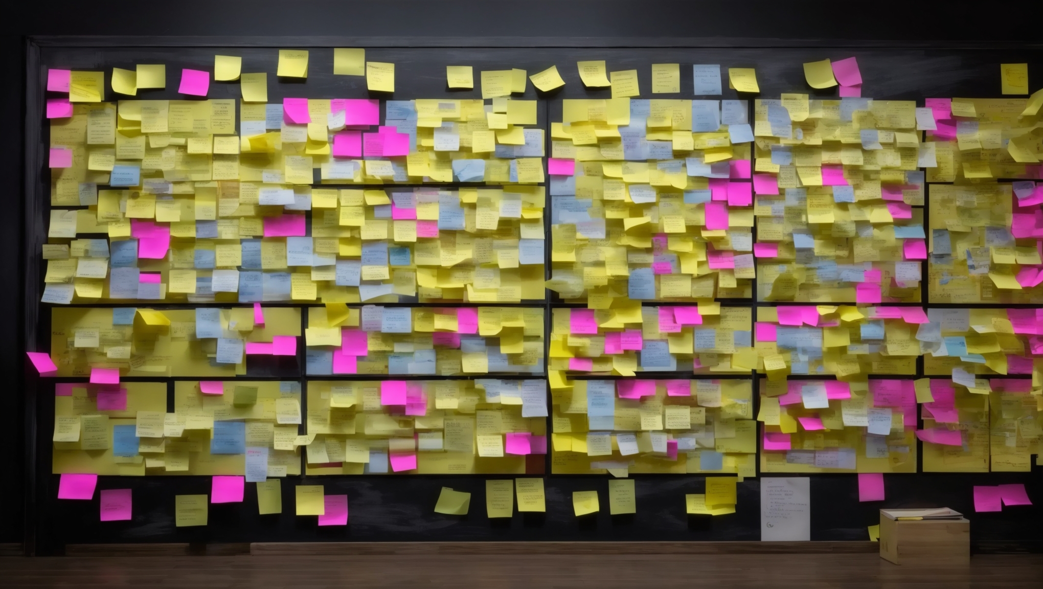 SEO keyword research, sticky notes on a blackboard organized into groups.