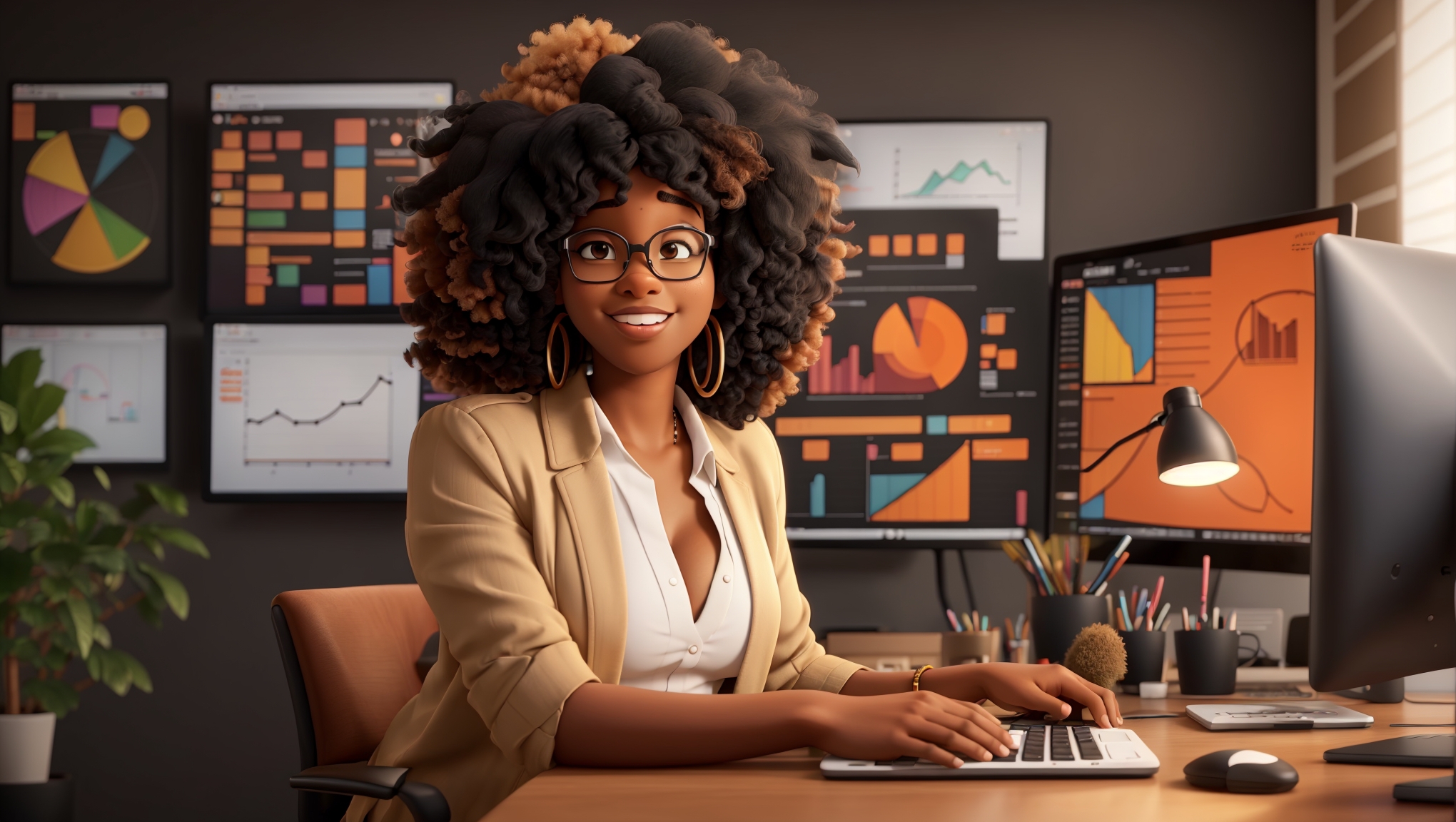 black female marketing strategist monitoring key seo trends, surrounded by charts and graphs