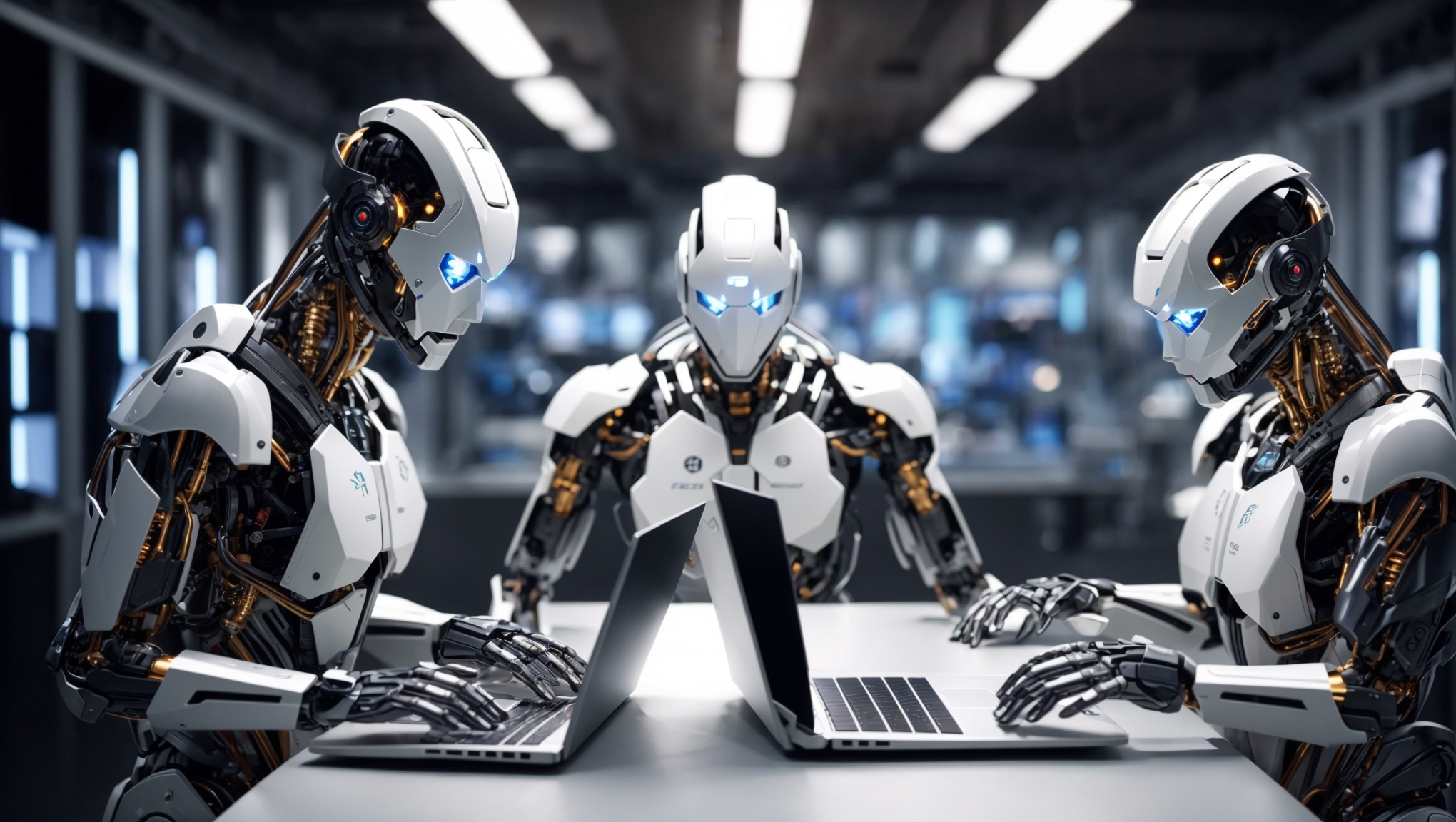 futuristic humanoid robots performing SEO work on laptops