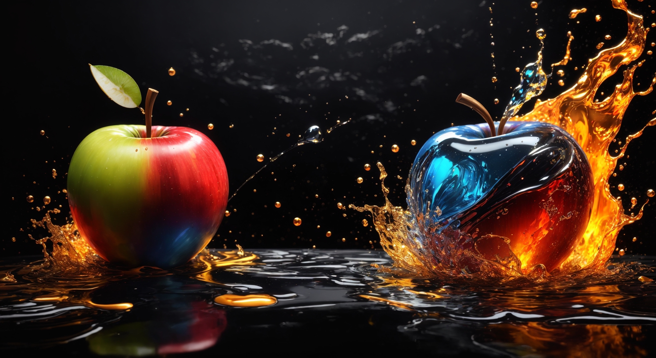 two different apples, t-shirt design, line art, black background, ultra-detailed art, beautiful, water splash, color art, fire and ice, splatter, black ink, liquid melt, dreamy, glowing, Glamour, Glimmer,shadows,Oil On Canvas, Brush Strokes, Smooth, Ultra High Definition, 8k, Unreal Engine 5, Gs Studio, Ultra Sharp Focus, Intricate Artwork Masterpiece, Golden Ratio, High Detail, Vibrant, Production Cinematic Character Render, Ultra High Quality Model, ultra high definition, 30 megapixels, sharp focus, front camera, monovisions, perfect contrast, high sharpness, art quality by GIlSam-paio, octane rendering, 8k, ultra high definition, Studio Gs Cinema HD