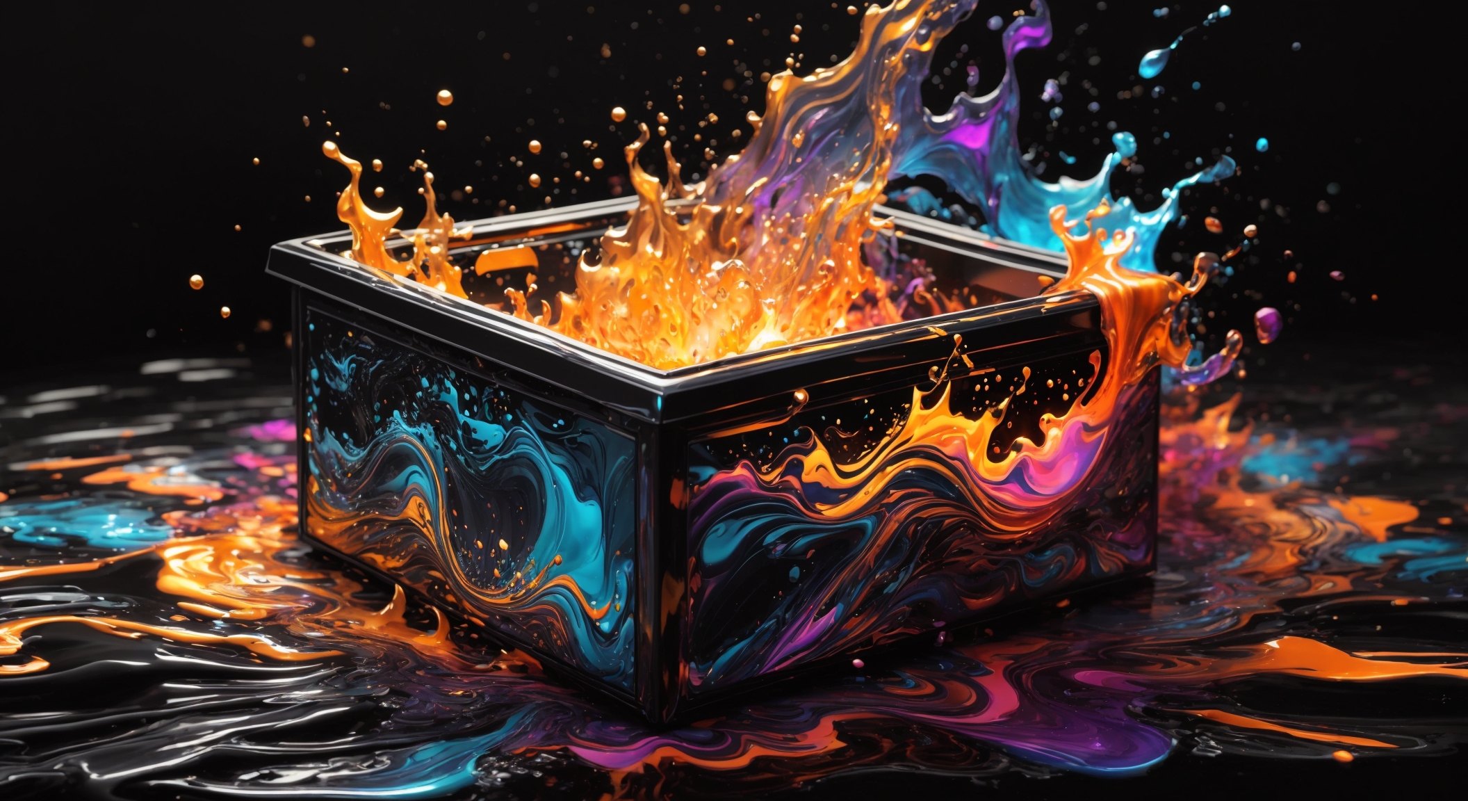 Magical black box, serene, hyper-detailed, t-shirt design, line art, black background, ultra-detailed art, beautiful, water splash, color art, fire and ice, splatter, black ink, liquid melt, dreamy, glowing, Glamour, Glimmer,shadows,Oil On Canvas, Brush Strokes, Smooth, Ultra High Definition, 8k, Unreal Engine 5, Gs Studio, Ultra Sharp Focus, Intricate Artwork Masterpiece, Golden Ratio, High Detail, Vibrant, Production Cinematic Character Render, Ultra High Quality Model, ultra high definition, 30 megapixels, sharp focus, front camera, monovisions, perfect contrast, high sharpness, art quality by GIlSam-paio, octane rendering, 8k, ultra high definition, Studio Gs Cinema HD