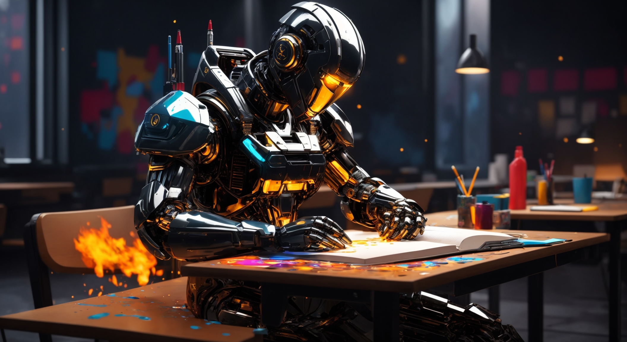 futuristic robot studying in a classroom, t-shirt design, line art, black background, ultra-detailed art, beautiful, water splash, color art, fire and ice, splatter, black ink, liquid melt, dreamy, glowing, Glamour, Glimmer,shadows,Oil On Canvas, Brush Strokes, Smooth, Ultra High Definition, 8k, Unreal Engine 5, Gs Studio, Ultra Sharp Focus, Intricate Artwork Masterpiece, Golden Ratio, High Detail, Vibrant, Production Cinematic Character Render, Ultra High Quality Model, ultra high definition, 30 megapixels, sharp focus, front camera, monovisions, perfect contrast, high sharpness, art quality by GIlSam-paio, octane rendering, 8k, ultra high definition, Studio Gs Cinema HD