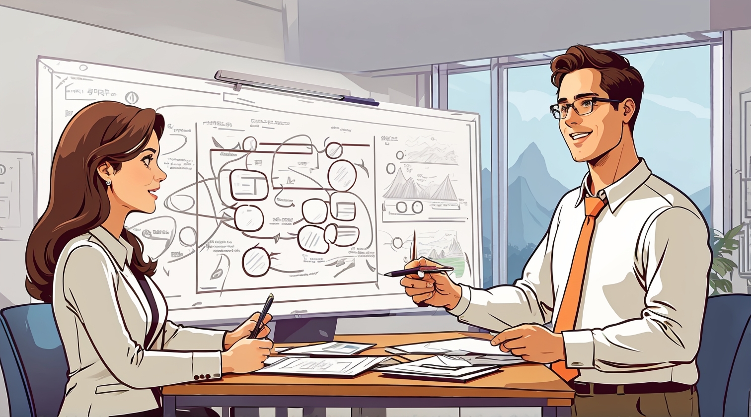 Implementing an SEO Automation Strategy - man and woman discussing strategy in an office, 2d in outlines vector, outlined, white background, cartoon, flatten illustration